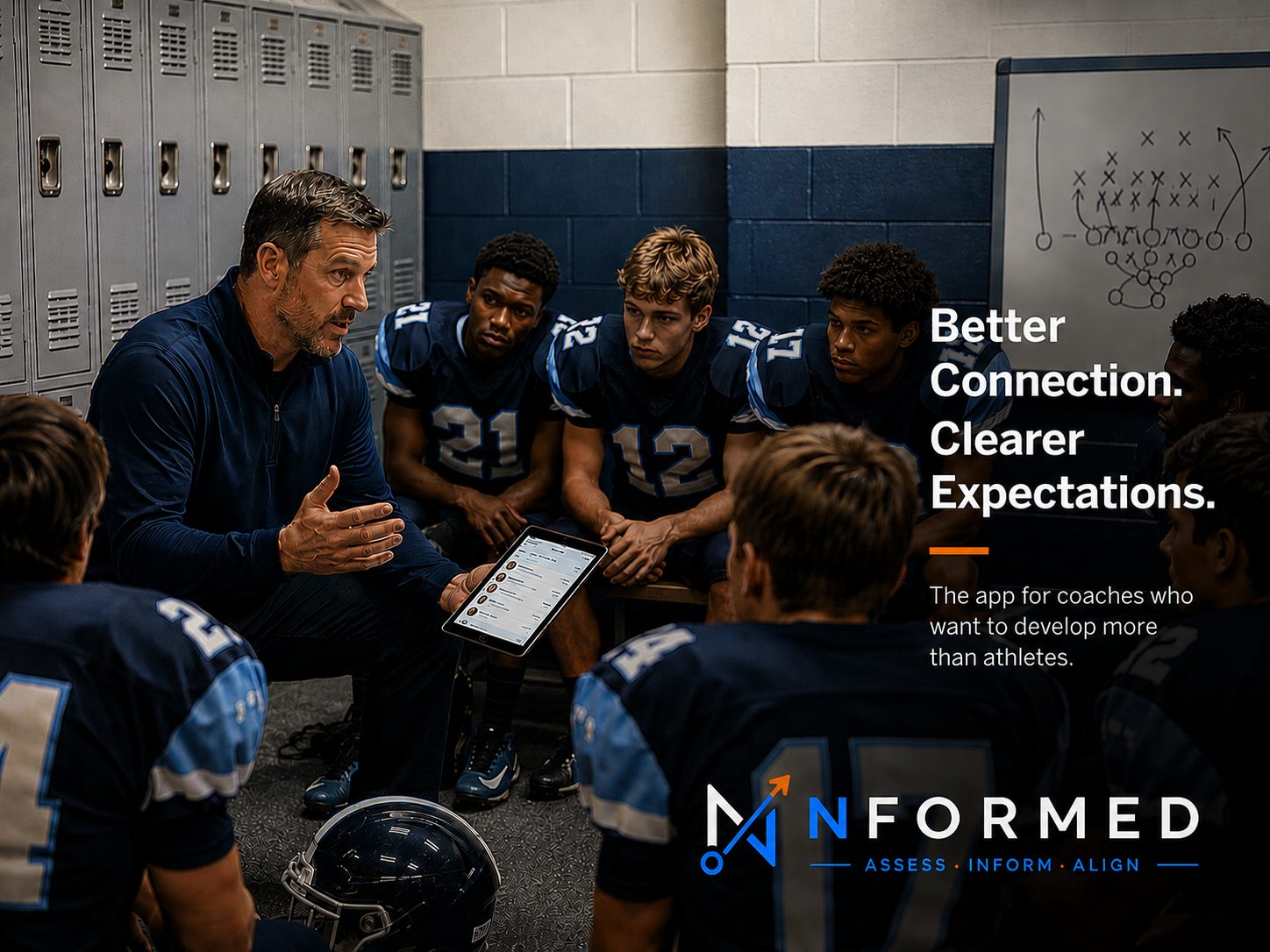 A youth football coach holding a tablet with the nFormed app, talking with his players in a locker room — Better Connection. Clearer Expectations.